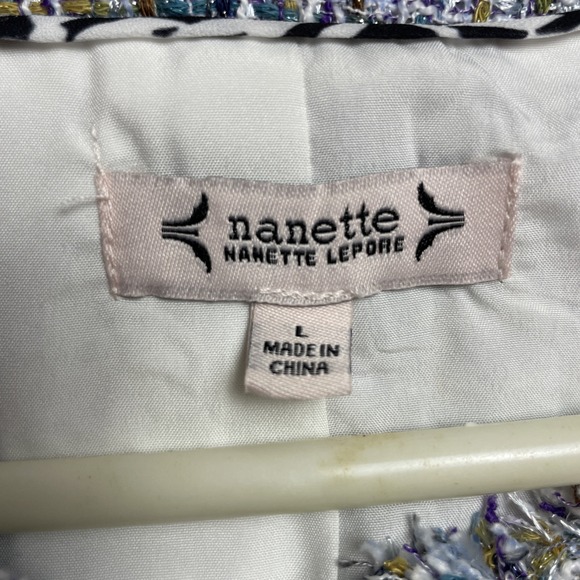 Nanette Lepore Nora‎ Boucle Jacket Womens L Blue Metallic Tweed Pearl Buttons - Picture 5 of 11